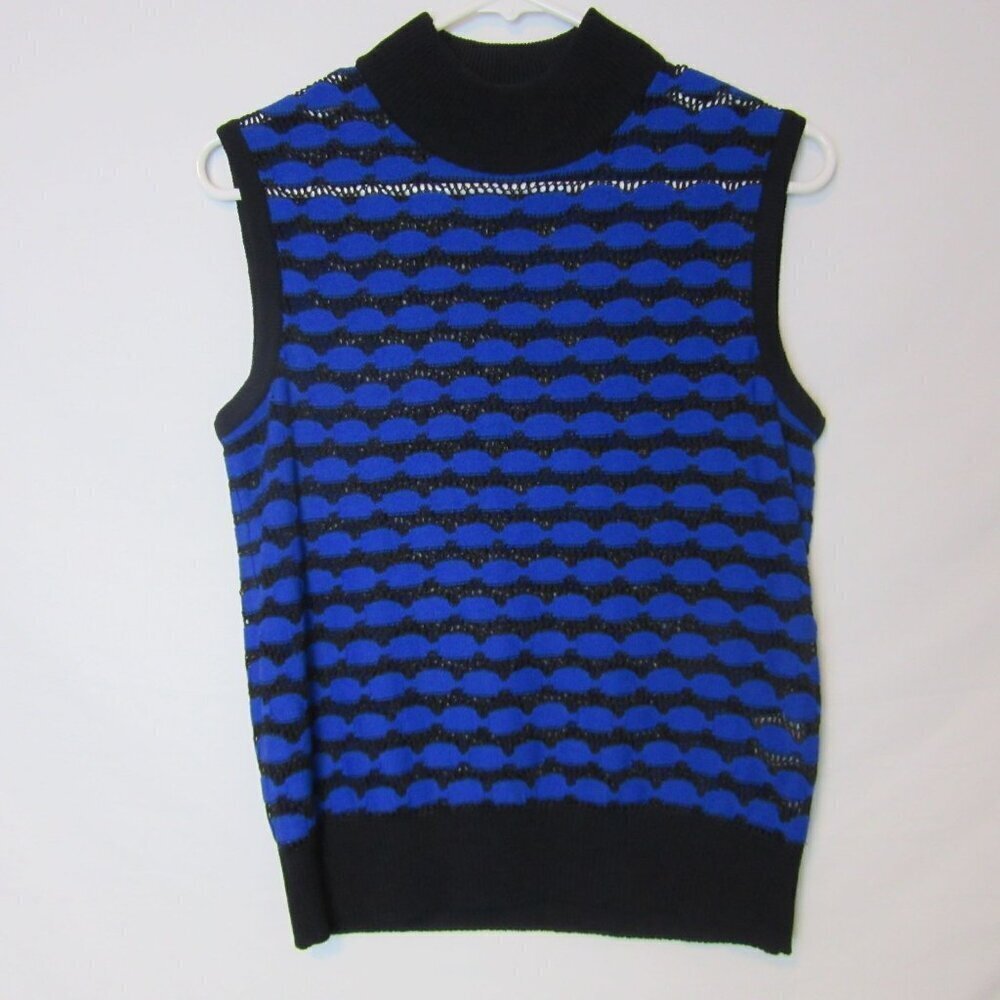 St. John Sport Marie Gray Wool Blend Vest Open Knit Small Blue Black Mock Neck